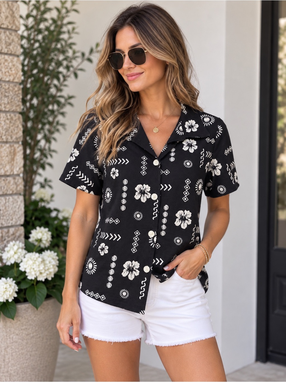 Sara Morgan Black Floral & Geo Button-Front Short Sleeve Shirt
